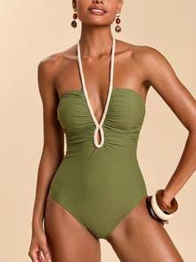 Travachic Women's Pleated Halter One-Piece Swimsuit Summer Beach Vacation - Fresh Green - View 5