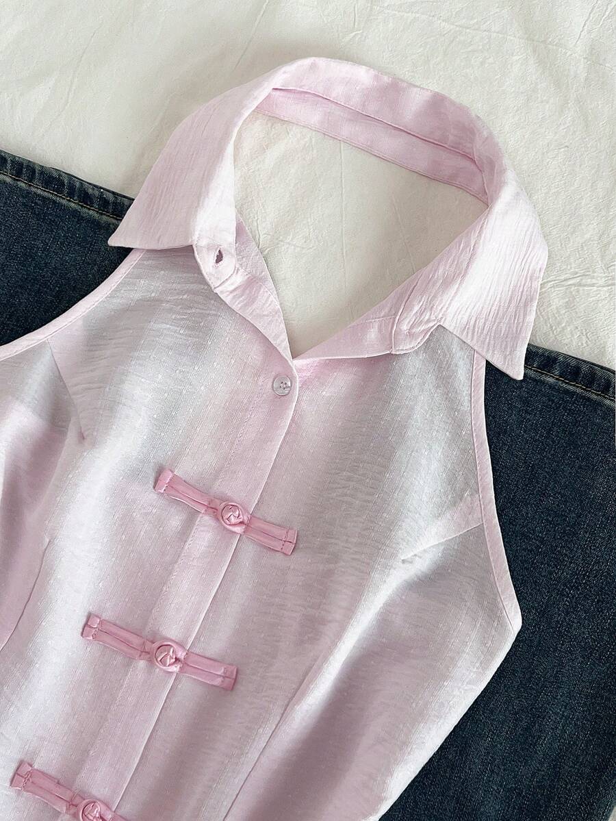 SHEIN Unity 女士春夏新款中国风纽扣无袖休闲衬衫，带吊带 - 粉色 - 查看 1