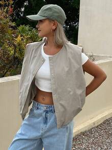 DAZY Women's Solid Color Loose Round Neck Sleeveless Pleated Casual Vacation Summer Thin Jacket Vest Everyday Beige School - Grey - View 4