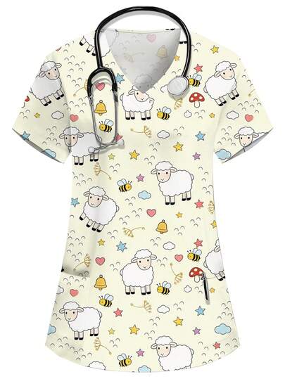 PopScrub 女士V领短袖双口袋卡通印花衬衫，适合护士/医生制服、健康检查/手术服、宠物美容服、营养师制服、实验服，多口袋功能性工作服，可爱又充满活力的节日服装