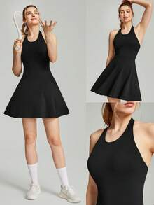 GLOWMODE Vestido de verano casual y diario con cuello halter Peekaboo ajustable, soporte ligero de impacto bajo y con bolsillo antideslizante- FeatherFit™-Air - Negro - Ver 9