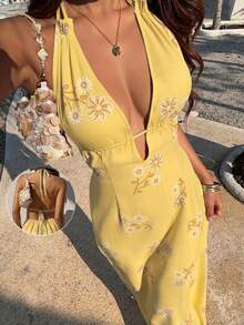 Sunnyshic 女士红色印花深V领露背系带连衣裙，性感浪漫海滩度假风 - 鵝黃色 - 查看 1