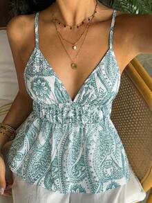SHEIN Unity Women's Summer Vacation Casual Bohemian Print Backless Ruffle Strap Camisole - Teal Blue - View 4
