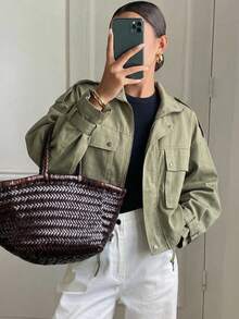Flap Pocket Drop Shoulder Drawstring Hem Jacket,Fall Clothes - Army Green - View 6