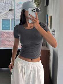 DAZY Women's Casual Solid Color Slim Fit Short Sleeve T-Shirt, Summer - Dark Grey - View 8