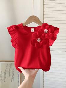 SHEIN Young Girl Floral 3D Decor Round Neck Elegant Ruffle Trim T-Shirt - Red - View 12