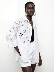 Maija 白色女士襯衫，中空刺繡鑲眼釦前休閒衫 - 白色 - 查看 3