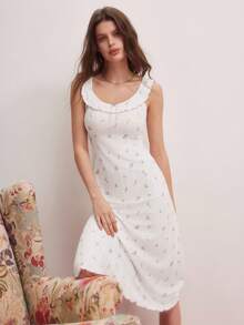 Elorette Jacquard Knit Ditsy Floral Ruffle Trim Nightgown Babydoll Perfect Summer, Bountiful Floral Splendor Cozy And Elegant Details - White - View 6