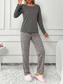 WovenCharm 100% Cotton 2Pcs  Contrast Colour Heart Printed PJ Set - Dark Grey - View 3