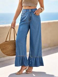 SHEIN Holidaya 女士口袋宽松阔腿休闲百搭牛仔裤 - 藍色 - 查看 3