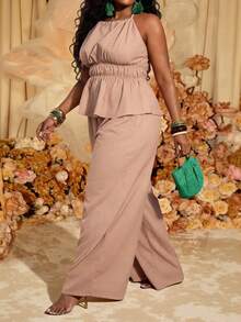 Slaydiva Women's Plus Size Elegant Dusty Pink Summer 2 Pieces Outfit,Backless Tie Strap Top & Wide Leg Pants Set For Holiday,Tea Party,Vacation & Casual Wear - Khaki - View 9