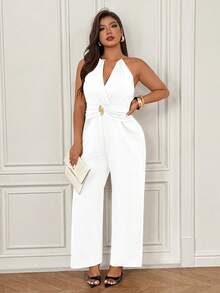 Femmeverse Jumpsuit Panjang Tanpa Lengan Leher V Seksi Tanpa Punggung untuk Wanita Ukuran Plus - Putih - View 5