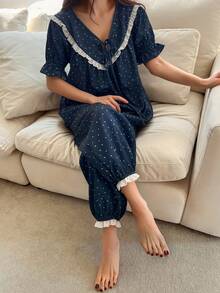 DAZY Bộ đồ ngủ nữ chấm bi viền ren, kiểu dáng thường ngày, gồm áo và quần, thích hợp mặc ở nhà. - Màu xanh hải quân - Xem 6