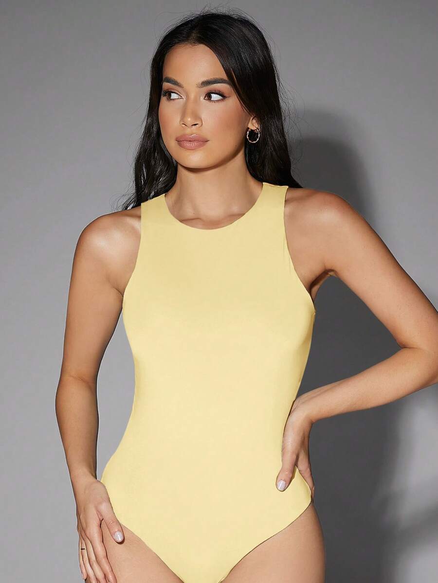 Silquee Bodysuit Wanita Polos Kasual dengan Kerah Bulat - Kuning muda - View 1