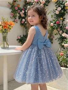 SHEIN Glamorique Kids Đầm trắng không tay cho bé gái, đính ngọc trai và nơ, phối lưới, thích hợp cho dạ hội, tiệc sinh nhật, biểu diễn, mùa hè. - Màu xanh lam - Xem 8