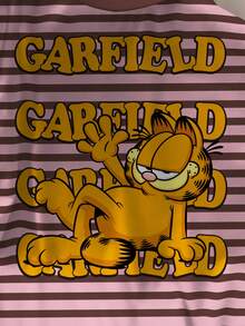GARFIELD | SHEIN Áo thun nữ tay ngắn cổ tròn in hình hoạt hình và sọc - trắng - Xem 5