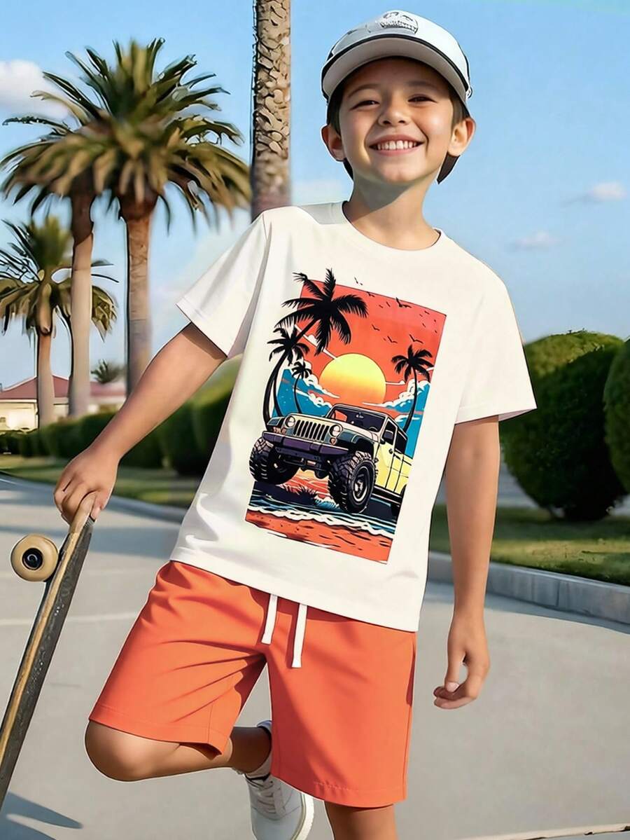 SHEIN 2pcs/Set Tween Boy Palm Tree Print Short Sleeve T-Shirt And Solid Shorts Set, Suitable For Casual, Holiday, Sports, Summer - Multicolor - View 1