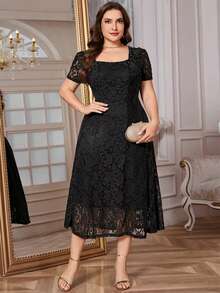 SHEIN Clasi Plus Size Elegant Lace Waist Puff Sleeve Dress, Summer - Black - View 5