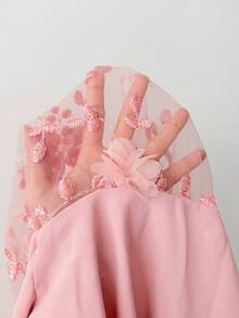 SHEIN Clasi 女士优雅度假风拼接刺绣网纱灯笼袖褶皱宽松上衣，适合春、夏、秋季穿着 - 粉色 - 查看 8