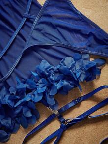 SHEIN 大码浪漫花卉系列内衣连衣裙含丁字裤三件套 - 寶藍色 - 查看 8