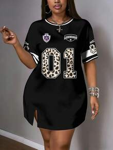 Slaydiva Plus Size Letter & Leopard Print Round Neck Short Sleeve Dress - Multicolor - View 3