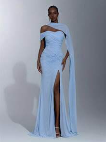 Elitara Elegant Luxurious Stretchy Knit Ruched Sleeve Twist Design Halter Slit Fishtail Dress, Suitable For Weddings, Events, Singles Parties, Vacations, Galas, Formal Occasions - Baby Blue - View 1