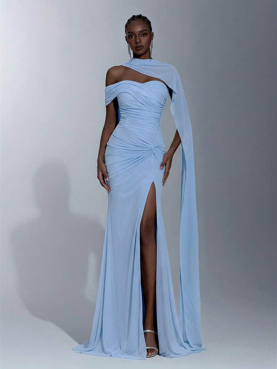Elitara Elegant Luxurious Stretchy Knit Ruched Sleeve Twist Design Halter Slit Fishtail Dress, Suitable For Weddings, Events, Singles Parties, Vacations, Galas, Formal Occasions - Baby Blue - View 1