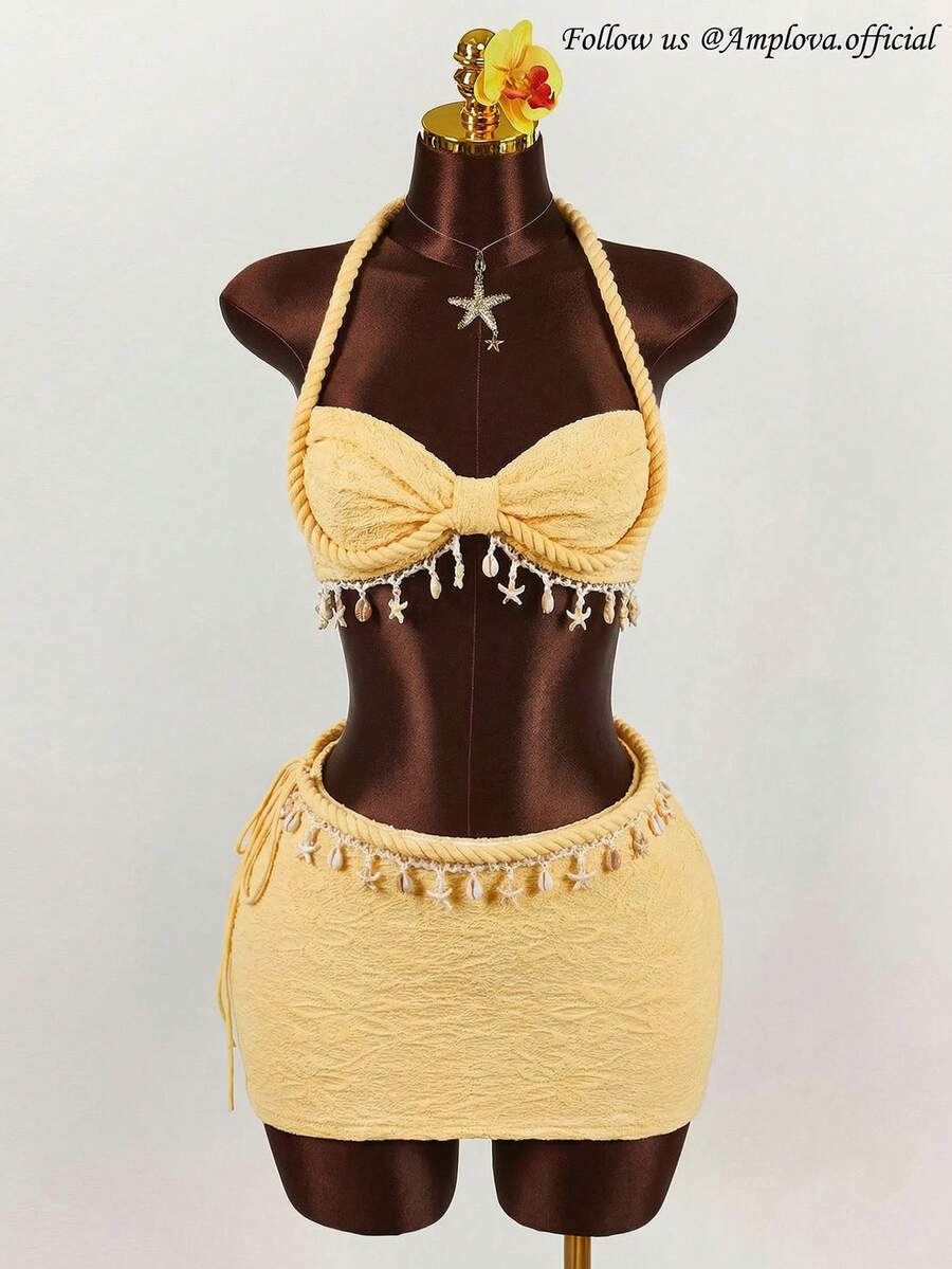 Amplova 绳索、海星和贝壳装饰露脐背心和超低腰迷你裙两件套 - 黃色 - 查看 1