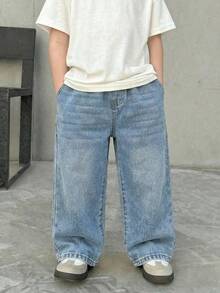 Quần jean denim ống rộng màu xanh dương dáng suông, thoải mái, đơn giản, dành cho bé trai, thích hợp cho mùa xuân hè. Thích hợp mặc hàng ngày cho bé trai vào mùa xuân/hè, phong cách đường phố, lễ hội, tiệc tùng, đi biển, lễ tốt nghiệp, trang phục thường ngày, kỳ nghỉ hè, quần jean họa tiết, quần jean cho bé trai 4 tuổi, quần jean thường ngày, quần jean mùa hè. - Rửa nhẹ - Xem 3