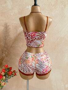 SHEIN WYWH Women's Summer Vacation Contrast Lace Animal Print Camisole And Shorts 2 Pieces Set - Multicolor - View 2