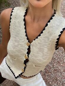 DAZY Áo khoác vest dệt kim nhẹ, ôm sát, cổ chữ V, không tay, phối họa tiết patchwork, viền tương phản, thích hợp cho nữ, đi nghỉ mát, mùa hè. - Màu be - Xem 1