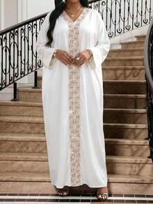 SHEIN Lady Women's Spring/Autumn Conservative Elegant Glamorous Party Banquet Patchwork Rhinestone Embroidered V-Neck Batwing Sleeve Loose Super Long Dress - White - View 6
