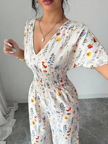 SHEIN Elenzya 女士夏季优雅碎花褶皱连体裤，腰部收褶，长袖 - 彩色 - 查看 5