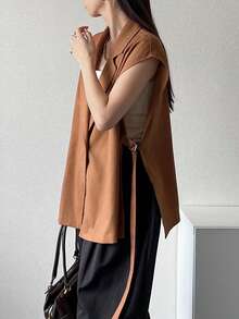 FRIFUL Women's Loose Solid Color Lapel Summer Blazer Office Shades Of Brown Business Casual Western Outfits For Women - Orange - View 2