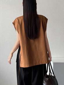 FRIFUL Women's Loose Solid Color Lapel Summer Blazer Office Shades Of Brown Business Casual Western Outfits For Women - Orange - View 5