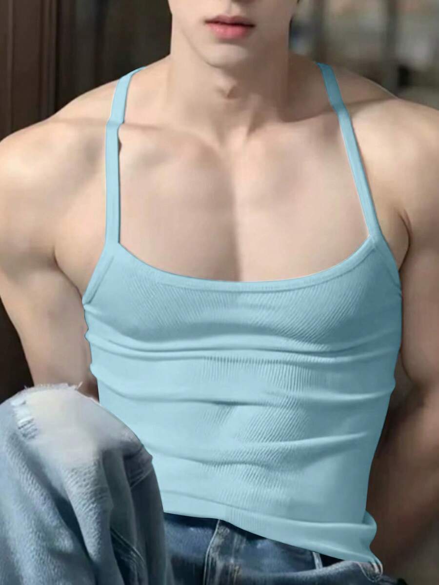 Manfinity Dauomo Camiseta de tirantes ajustada de unicolor para hombres, versátil para el verano - Rosa - Ver 1