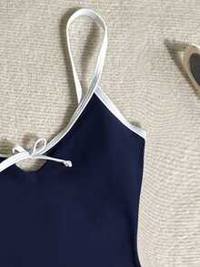 SHEIN Teen Girl Colorblock Bow Decor One-Piece Swimsuit, Suitable For Swimming, Vacation, Summer Beach Wear - Navy Blue - View 5