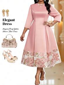 Fleurora Plus Size Women Dusty Pink Jacquard Round Neck 3/4 Sleeve Elegant Midi Dress For Autumn,Formal Wedding Guest Party,Luxury Evening Special Occasions - Pink - View 1
