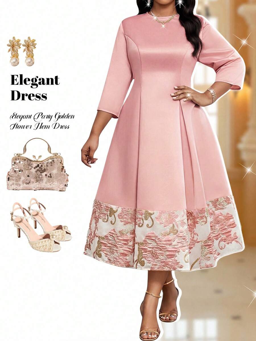 Fleurora Plus Size Women Dusty Pink Jacquard Round Neck 3/4 Sleeve Elegant Midi Dress For Autumn,Formal Wedding Guest Party,Luxury Evening Special Occasions - Pink - View 1