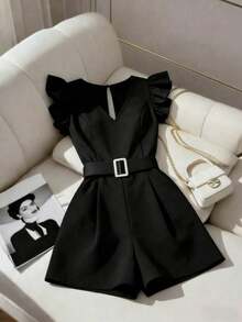 GlowEve Mono informal de mujer con cuello en V tejido, mangas cortas y hebilla metálica en la cintura - Negro - Ver 1