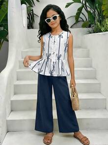 SHEIN 少女单排扣蝴蝶结图案背心衬衫和长裤两件套 - 寶藍色 - 查看 8