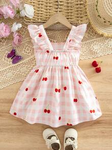 SHEIN Playful Pals 女婴条纹印花蝴蝶结前襟荷叶边下摆短袖粉色连衣裙，休闲时尚女婴春夏日常穿搭连衣裙 - 粉色 - 查看 3