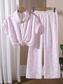 ChillGRL 两件套少女休闲粉色蝴蝶结条纹领短袖露脐上衣和阔腿七分裤套装，通勤装 - 粉色 - 查看 5