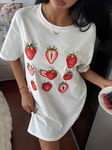 Livesso Áo ngủ mùa hè dáng rộng in hình dâu tây, kiểu áo thun ngắn, dành cho nữ. - trắng - Xem 1