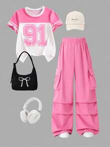 SHEIN Set de 2 piezas de camiseta y pantalón cargo informal para niñas preadolescentes, camiseta de manga corta con cuello redondo y bordado de lazo, y pantalones, conjunto de moda para primavera/verano - Rosa - Ver 7