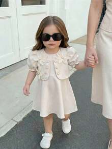 LMoss Kids Baby Girl Woven Solid Color Sleeveless Dress With Cardigan, 2 Piece Set - Apricot - View 8