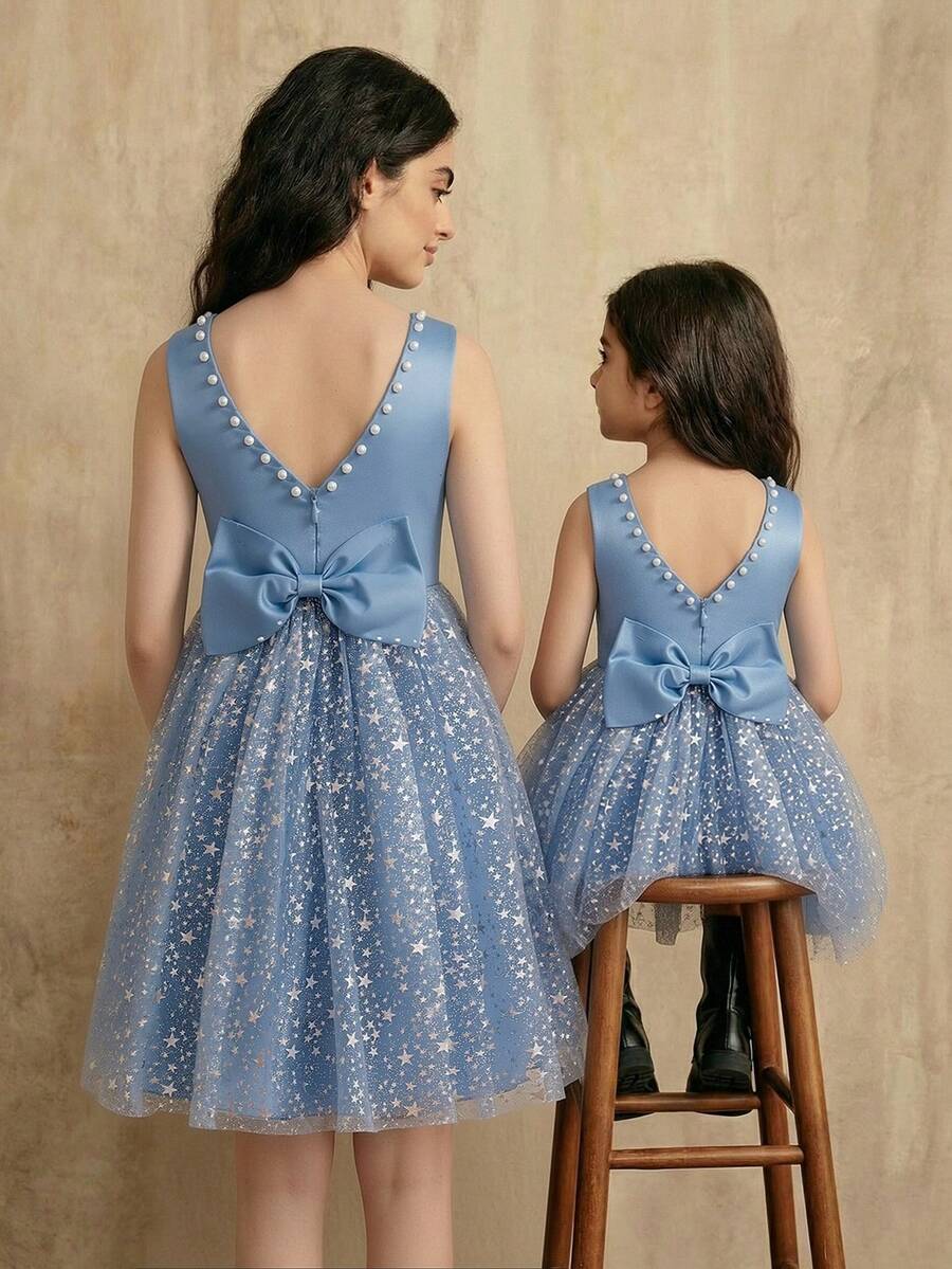 SHEIN Glamorique Kids Đầm trắng không tay cho bé gái, đính ngọc trai và nơ, phối lưới, thích hợp cho dạ hội, tiệc sinh nhật, biểu diễn, mùa hè. - Màu xanh lam - Xem 1