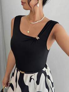 Elenzga Damen elegantes elastisches Strick-Patchwork Geometrisch Farbblock Muster A-Linien Kleid, geeignet für Alltag und Büro, Frühling/Sommer - Verschiedenfarbig - Übersicht 4