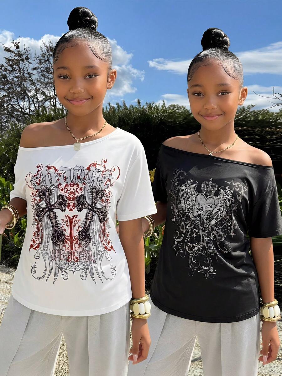 Sparklyn Tween Girl Cross Print Asymmetric-Shoulder Short Sleeve Casual T-Shirt - Multicolor - View 1