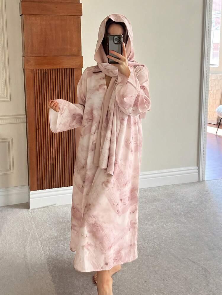 Elegant Tie Dye Print Loose Long Nightgown Set For Women